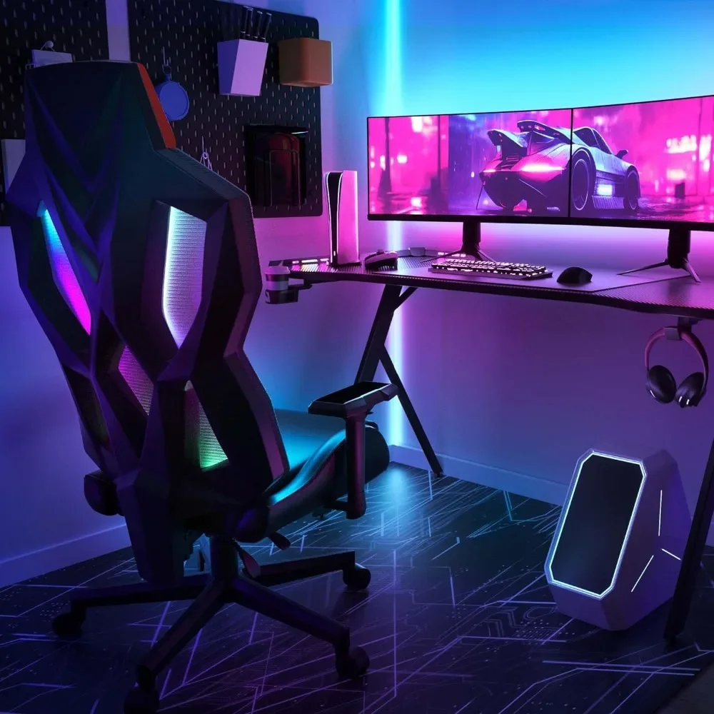 Chaise de jeu avec lumières LED, chaise d'ordinateur, chaise de salon, support audio réglable, appuie-tête, accoudoir 4D (noir), livraison gratuite