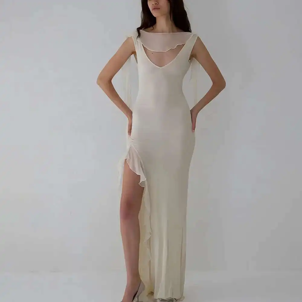 

Summer Style Fluttering Women's Long Skirt Sexy Backless High Slit Ruffle Edge Slim Fit Dress Dress Robe Vestido Women Party
