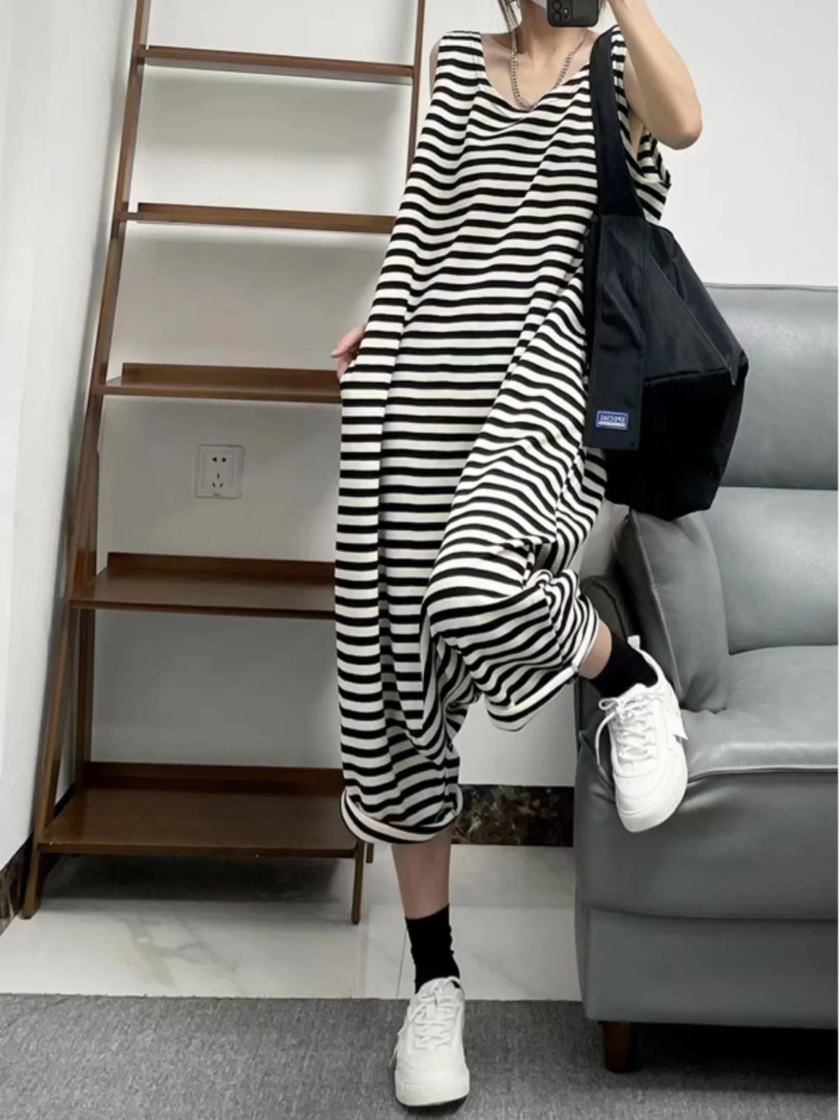 Phil dan preguiçoso hong kong sle harajuku malha algodão listrado svel macacão verão calças desleixadas 50 streetwear macacão