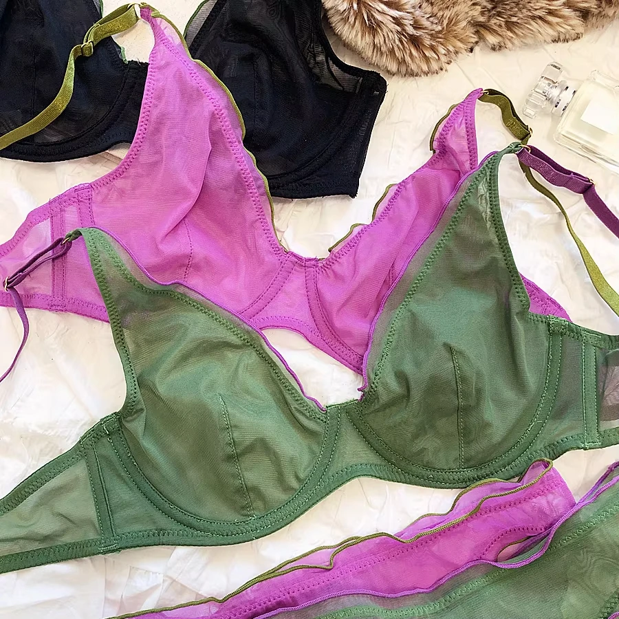 2 Pieces French Ultra Thin Underwear Set for Women Sexy Lace Push Up Bra Set Summer Mesh Comfort Breathable Lingerie and Panties