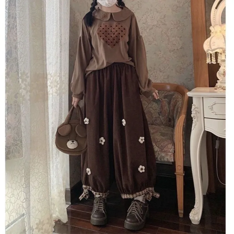 Vintage Loose 3D Flowers Brown Lantern Pants Women Spring Autumn Winter Sweet Cute Mori Girl Style High Waist Wide Leg Trousers