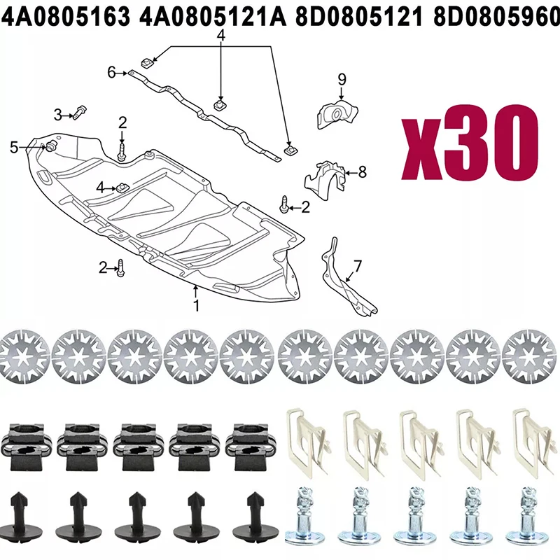 

30Pcs/Set Car Undertray Guard Engine Under Cover Hood Snap Fixing Clips Screws 8D0805960 8D0805121 For Audi A4 A6 A8 Fitting Kit