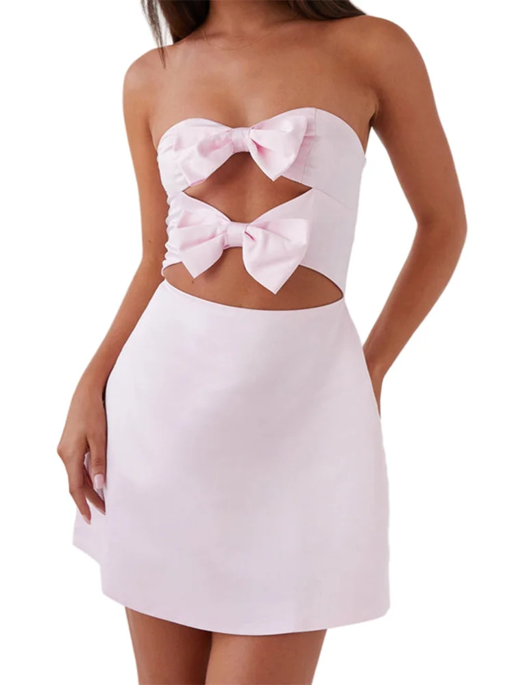 CHRONSTYLE فستان نسائي بدون حمالات أنيق بفيونكة مرقعة بدون ظهر فستان قصير لحفلات الكوكتيل والشاطئ ملابس الشارع 2025