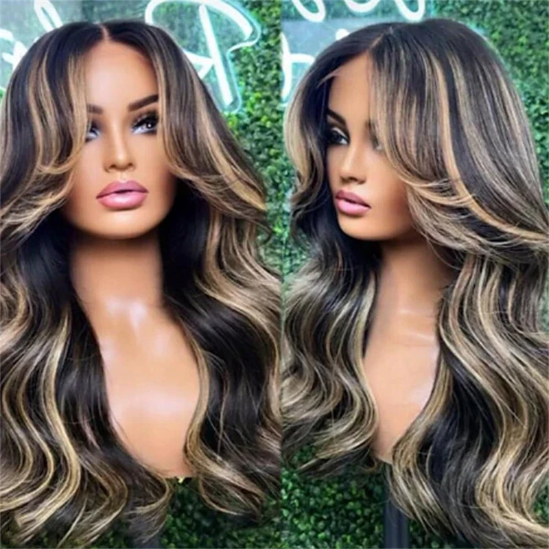 

Многослойный бесклеевой парик шнурка Синтетические парики фронта шнурка для женщин Черный медовый блондин Мелирование Объемная волна Парик Реалистичный вид