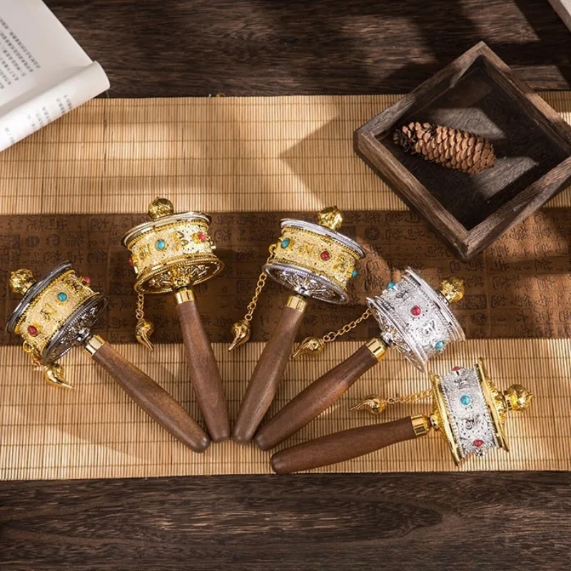 Tibetan Buddhist Handheld Prayer Wheel Base with Six Sacred Syllables Copper Handle Temple Decor