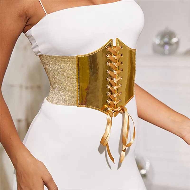 แฟชั่น Elastic Gold Corset เข็มขัดกว้างสําหรับผู้หญิงยี่ห้อ Designer สายรัดเอวหญิงชุดกระโปรงเสื้อตกแต่ง Girdle