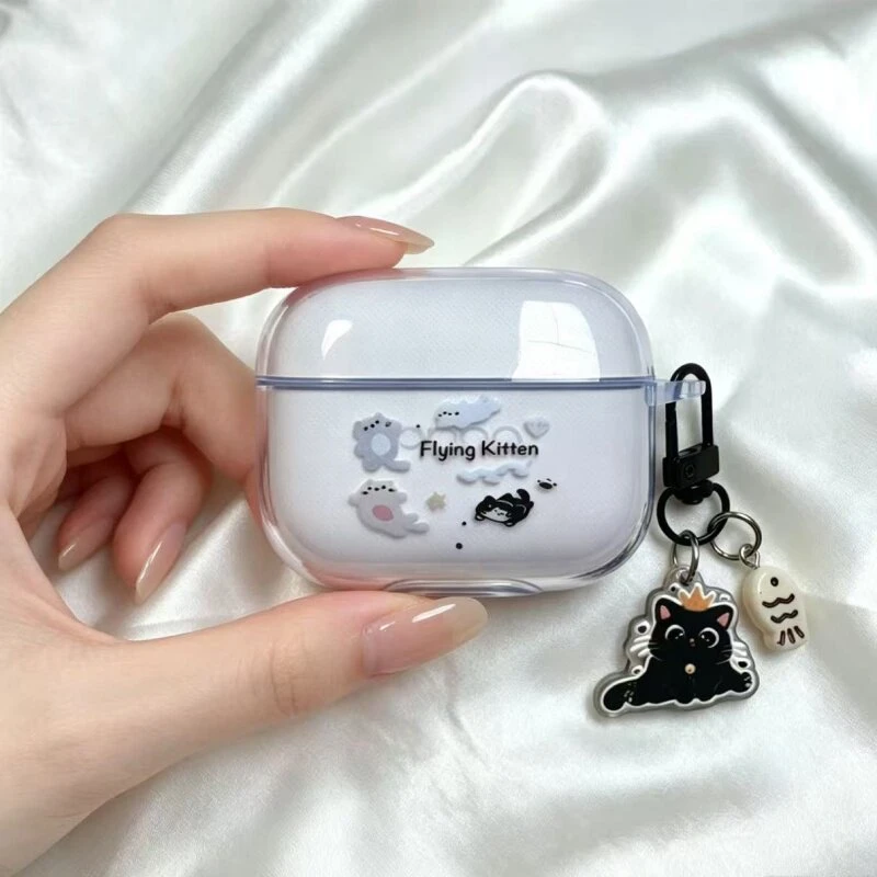 Ins Cute Flying Kitten Soft Clear TPU Wireless Earphone Case For Apple AirPods 4 1 Pro 3 2 Generation Protective Silicone Cover