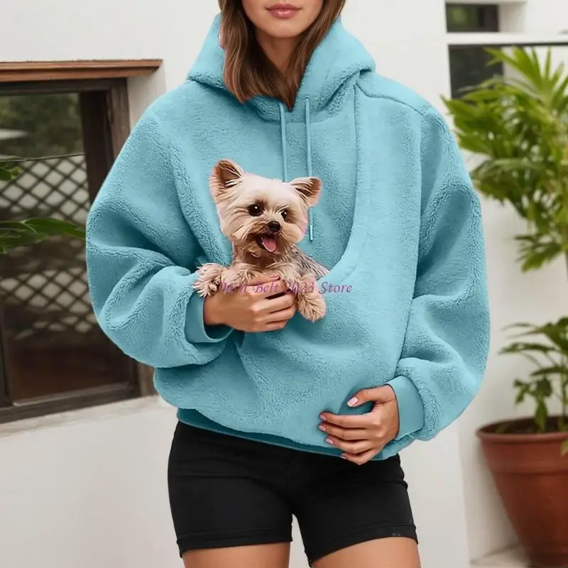 49ME المرأة هوديي الصوف هوديي (مع جيب القط) القط والكلب طويل الأكمام البلوز #5