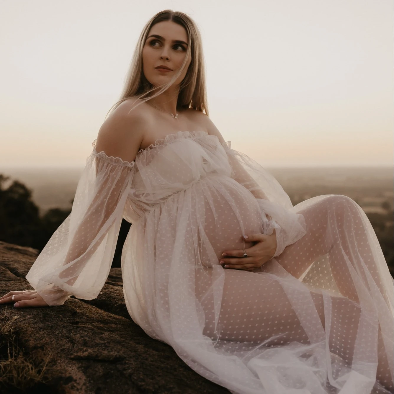 White Dot Mesh Maternity Long Dresses For Photography See Through Large Size Lantern Sleeve Pregnancy Photo Shoot Maxi Dress