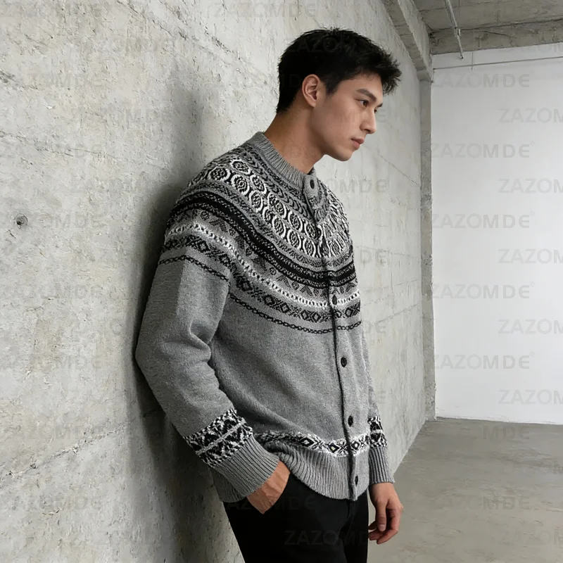 

ZAZOMDE мужские вязаные свитера Генри, роскошная рождественская зимняя куртка с длинными рукавами, пуловер, японский винтажный трикотаж