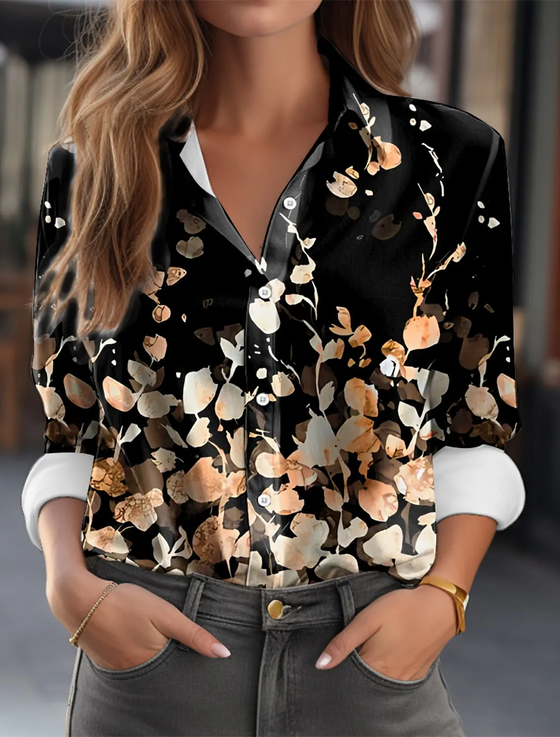 2024 Spring Summer Women\'s Shirt Fashion Office Flare Flower Printed Top Vintage Lapel Long Sleeve Loose Blouse Blusas Mujer