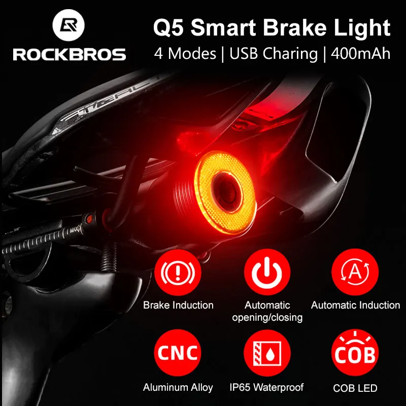 

ROCKBROS Q5 Smart Auto Brake Sensing Bicycle Light IPx6 Waterproof LED Charging Bocycle Taillight Bike Rear Light Accessories