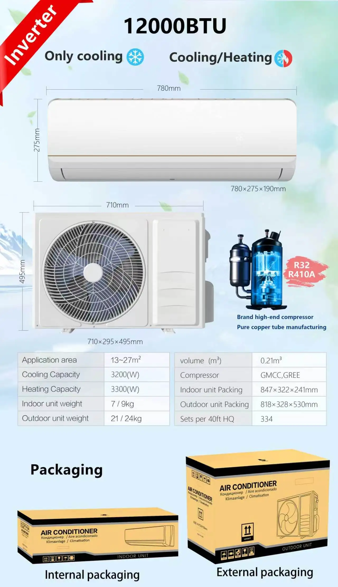 12000 BTU Inverter Split Air Conditioner 220V 50Hz R32 Quiet Smart AC System EU Cooler