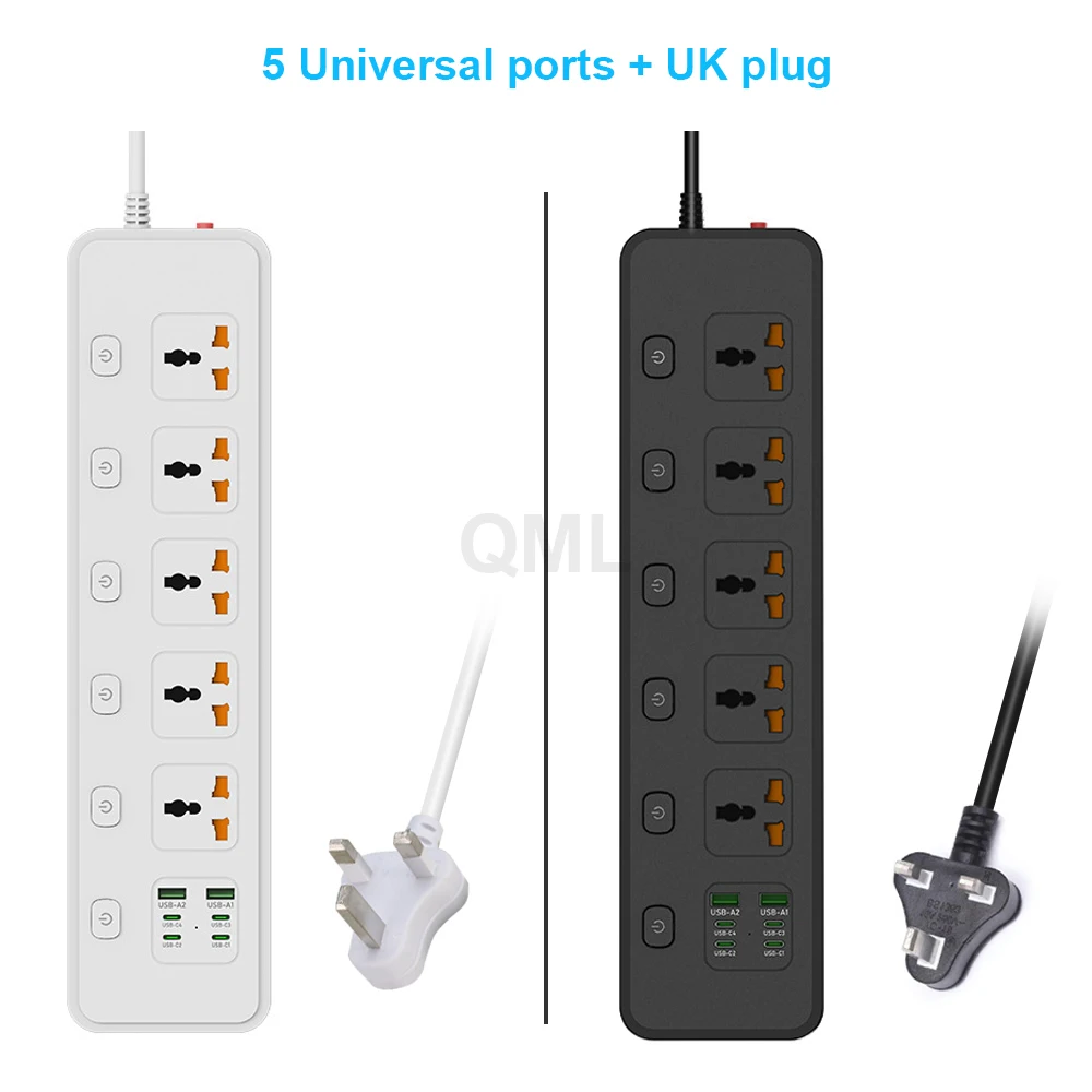 

UK Plug 2M Extension Wrie Power Strip Overload Protection 5 Universal Outlets Power Socket Board with USB Network Filter Adapter