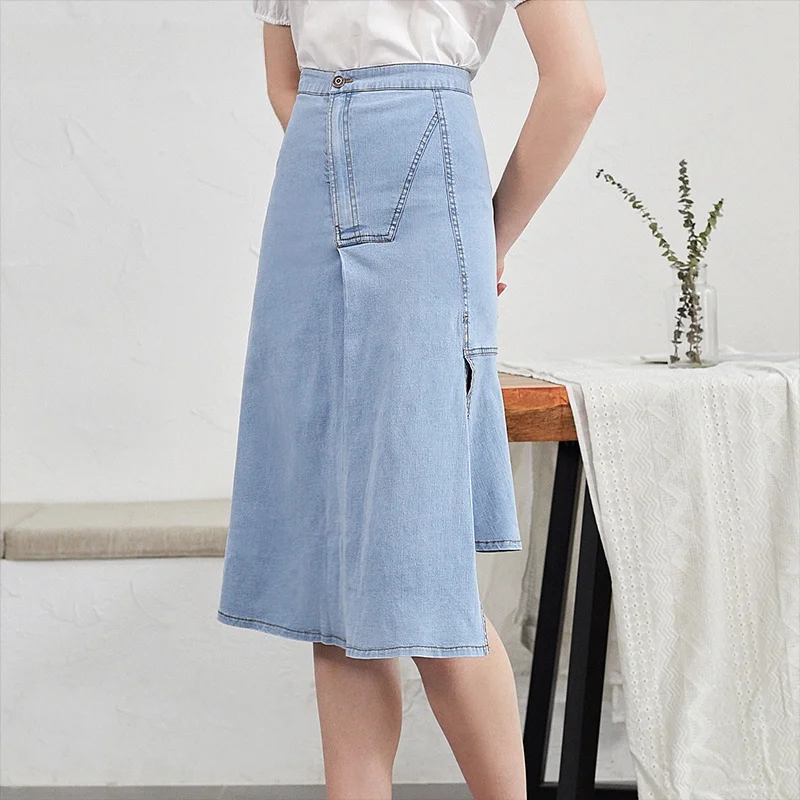 

Dailanzhi High Waist Mid-Length Denim Skirt Women's Slimming Design Long Skirt Fre Sle Pure Color A-Line H-ape