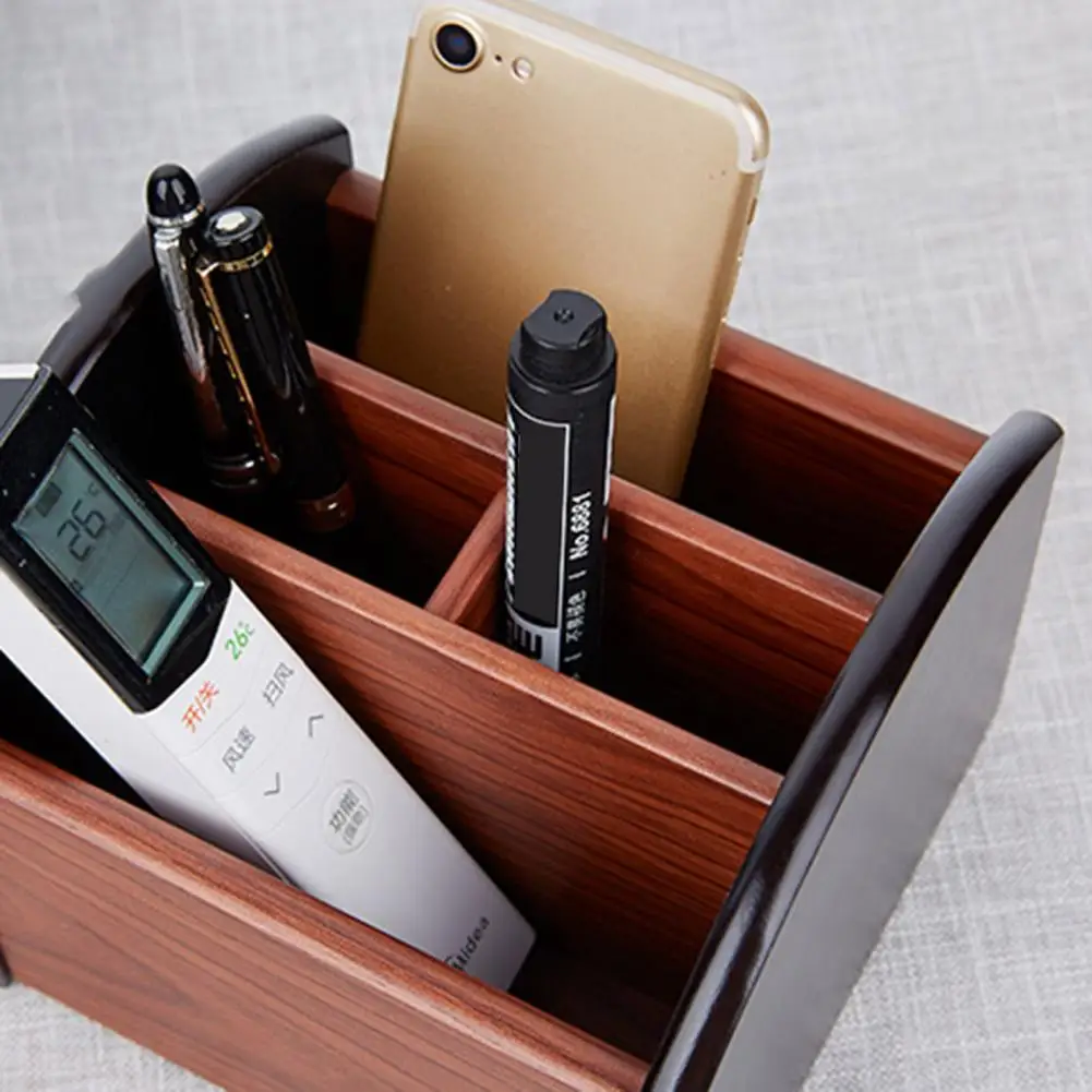 Wooden Desk Organizer Wooden Desktop Storage Box with 4 Compartments 360° Rotating Organizer for Remote Controls Stationery