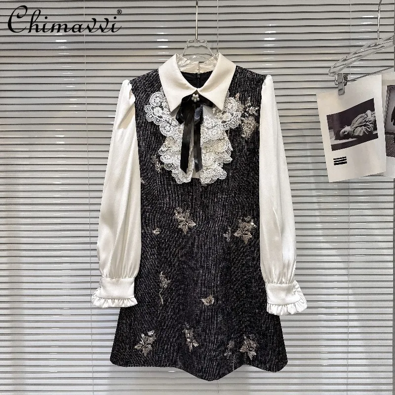 

Winter New French Style Bowknot Sequin Shirt Patchwork Fake Two-piece Dress Women's Fashion Long Sleeve Elegant Dress Women