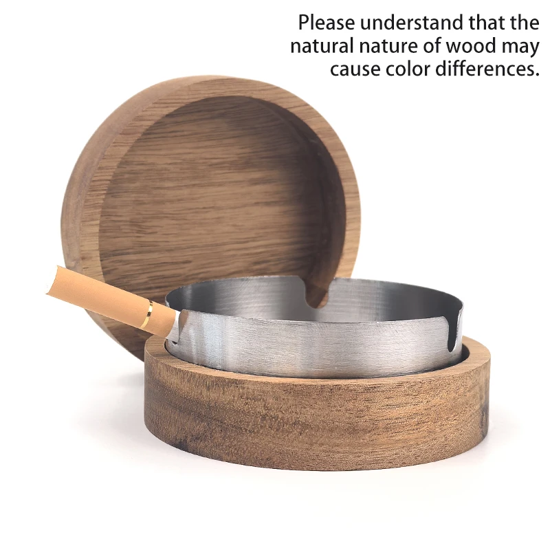 Acacia Wood Desktop Ashtray With Lid Stainless Steel Windproof Ash Tray For Bar Office Home Decoration Smoking Accessories