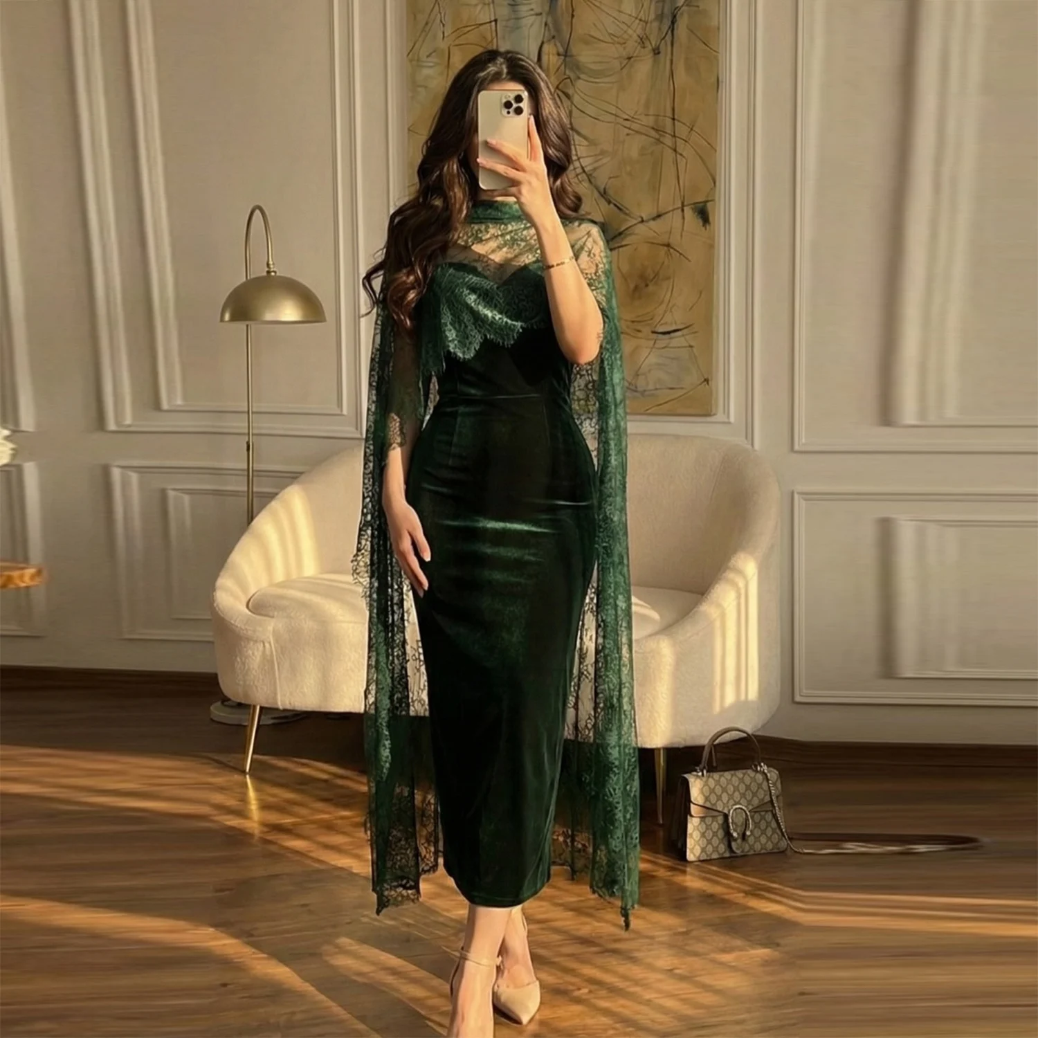 

Темно-зеленые вечерние платья из двух частей с кружевной накидкой в стиле ретро и бархатным платьем-футляром, длиной до щиколотки, для женщин, для торжественных мероприятий