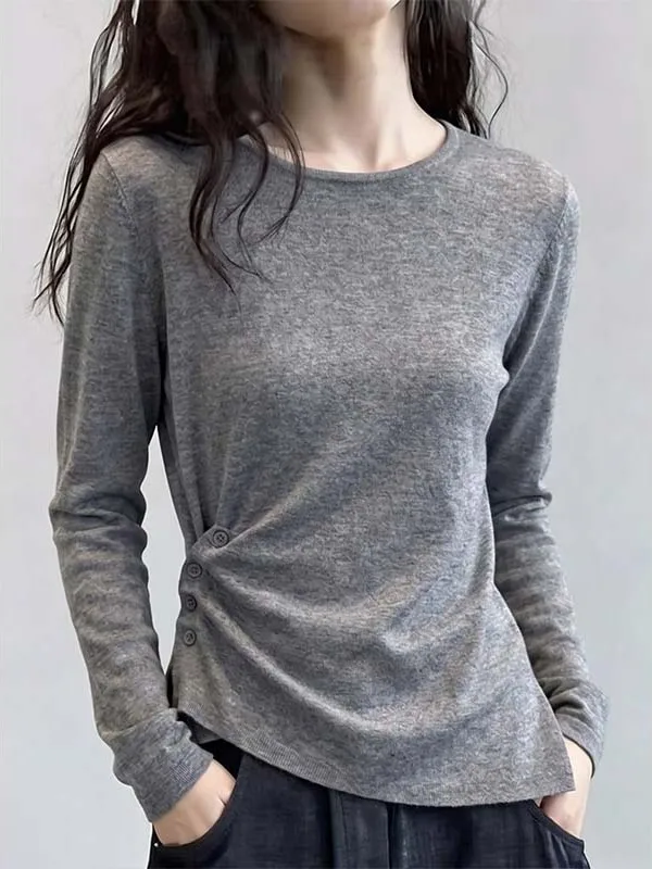 plus Size Women's Long Sleeve T-Shirt Grey Asymmetrical Base Shirt Slim Fit High Waist round Neck Korean Style Commute Fashion