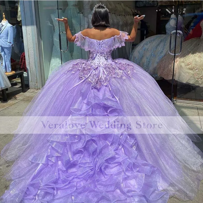 2021 라벤더 푹신한 볼 가운 Quinceanera 드레스 아플리케 레이스 스위트 16 드레스 XV Vestido De 15 Anos Quinceanera