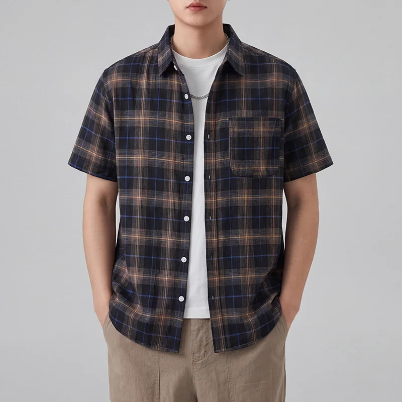 

Summer Plaid Shirt Men Fashion Vintage Loose Casual Short Sleeve Shirts Male Streetwear Cityboy Shirts Blouses Tops