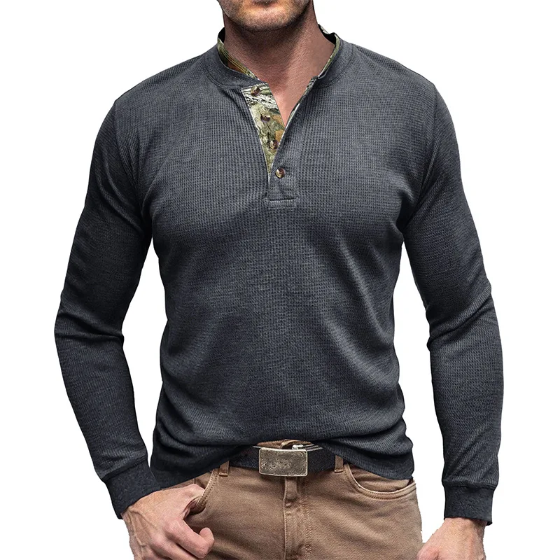 Foreign Trade Men's Long Sleeved Outdoor Bottom Shirt, European and American Men's Henry T-shirt, Waffle Round Neck Top