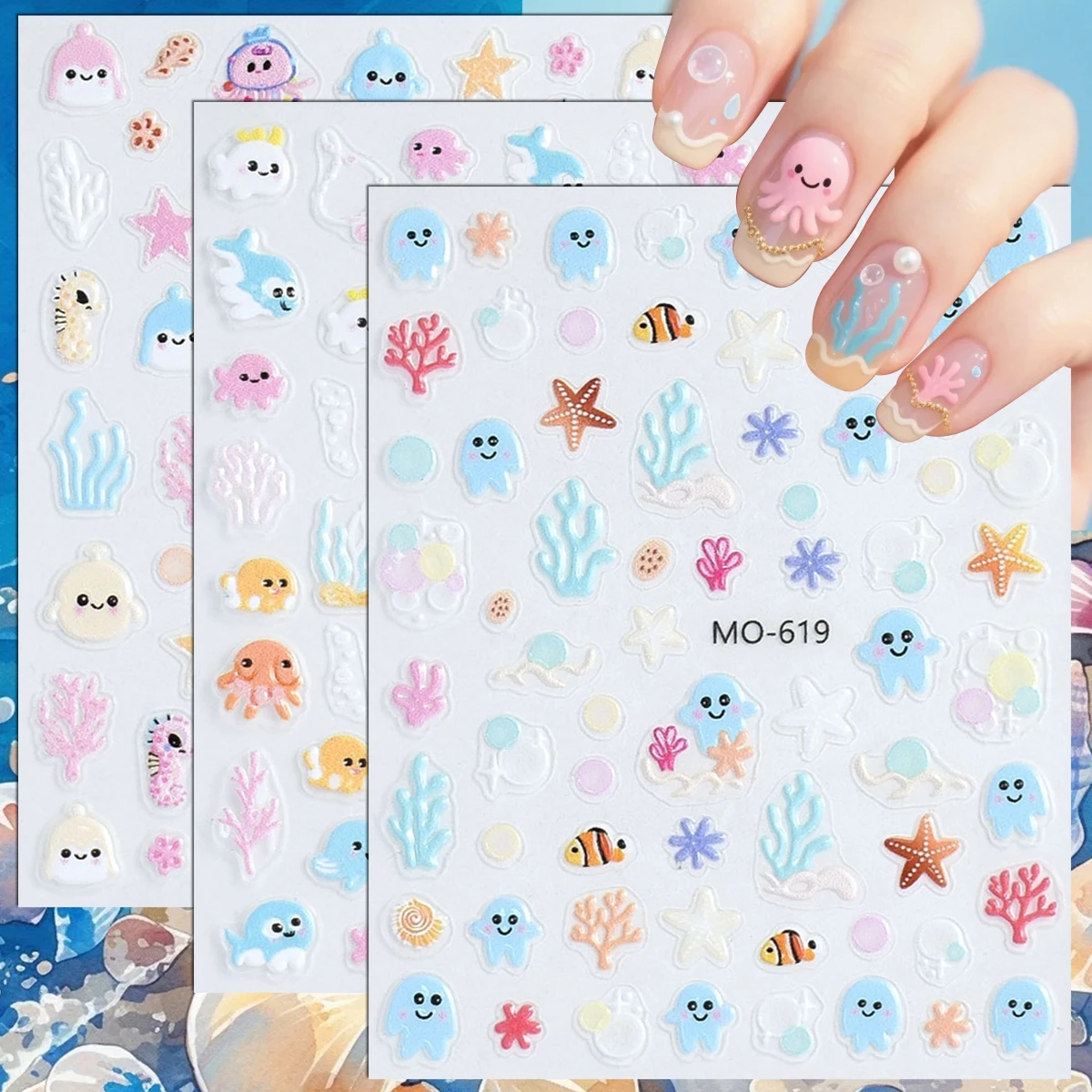 3 bis 12 Blatt 5D Niedliche Meereslebewesen Nagelaufkleber Quallen Fische Seesterne Korallen Ozean Selbstklebende Sommer-Nagelsticker