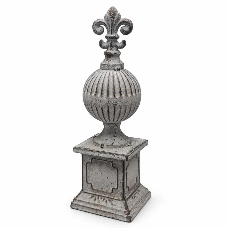 Vintage Iron Fleur-de-Lis Finial Ornament, Distressed Gray Metal Architectural Tabletop Decor for Mantel Shelf Entryway