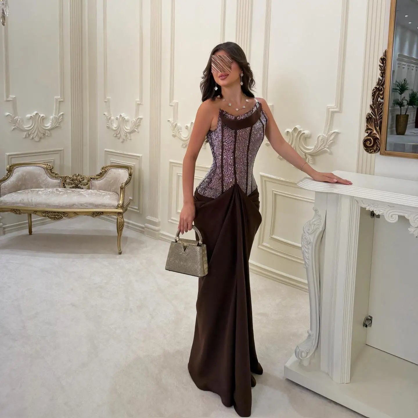 Aunber Shining Women's Formal Evening Gowns Strapless Handmade Beads Luxurious Prom Dresses Evening Dresses Customized