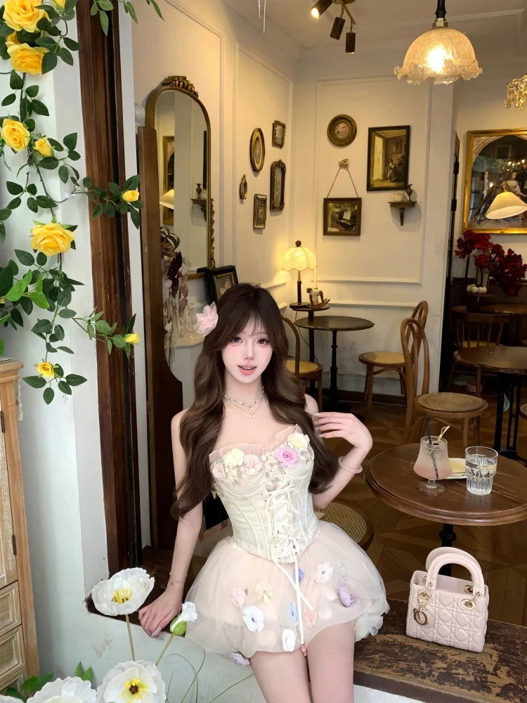 

Summer New Sweet Escape Princ Pure Desire Sle Svel Bustier f Skirt Two Piece Set Polyester ort Sve round Ne