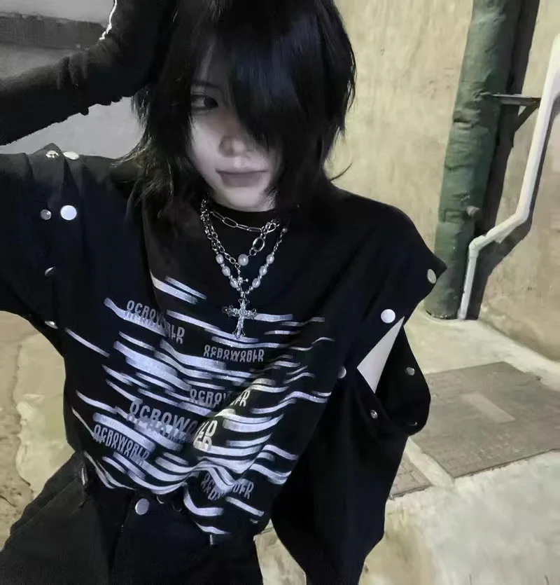 

Street Sle Punk Y2K Millennium Hot Girl Removable Two-Way Wear Letter Print T-irt Women Summer Loose Top Button Design