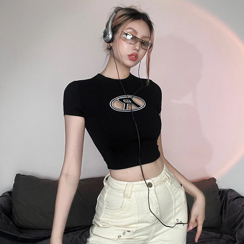 Cool and Stylish Personality, Black Letter Hollow Short Sleeved T-shirt for Women, Slim Fit, High Waist, Exposed Navel Top