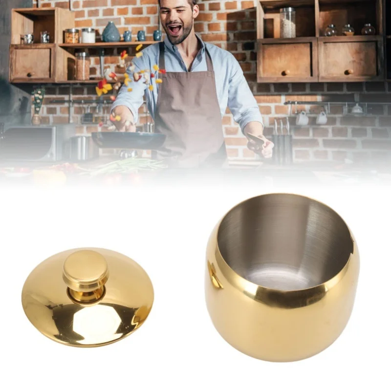 Stainless Steel Gold Seasoning Condiment Pot Spice Salt Sugar Pepper Container Jar Storage Organizer With Lid