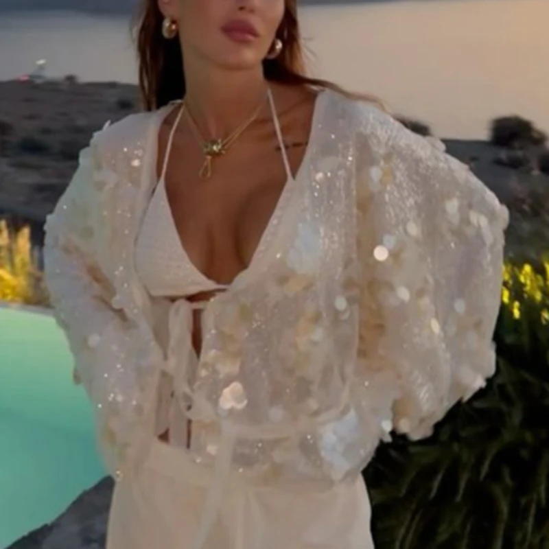 

Combhasaki Women Shiny Glitter Sequins Lace-up Wrapped V-neck Long Sleeve Blouse Mesh Sheer Lace Patchwork Cardigan Shirt Tops