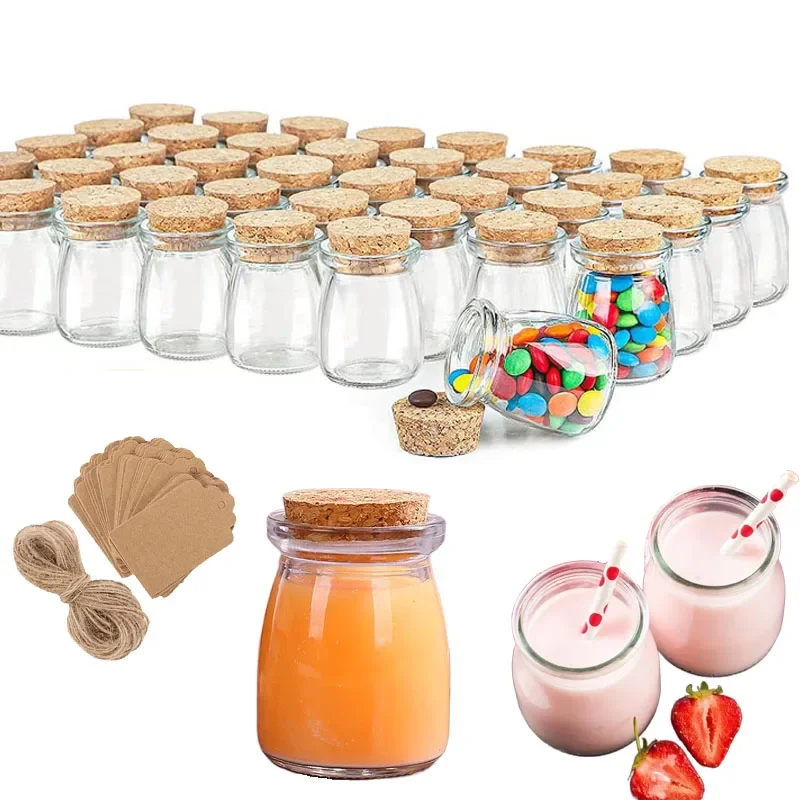 10Pcs 100/200ML Cork Lid Glass Pudding Jar Yogurt Jars Glass Containers  with Tags and Ropes for Family party Diy Honey Storage