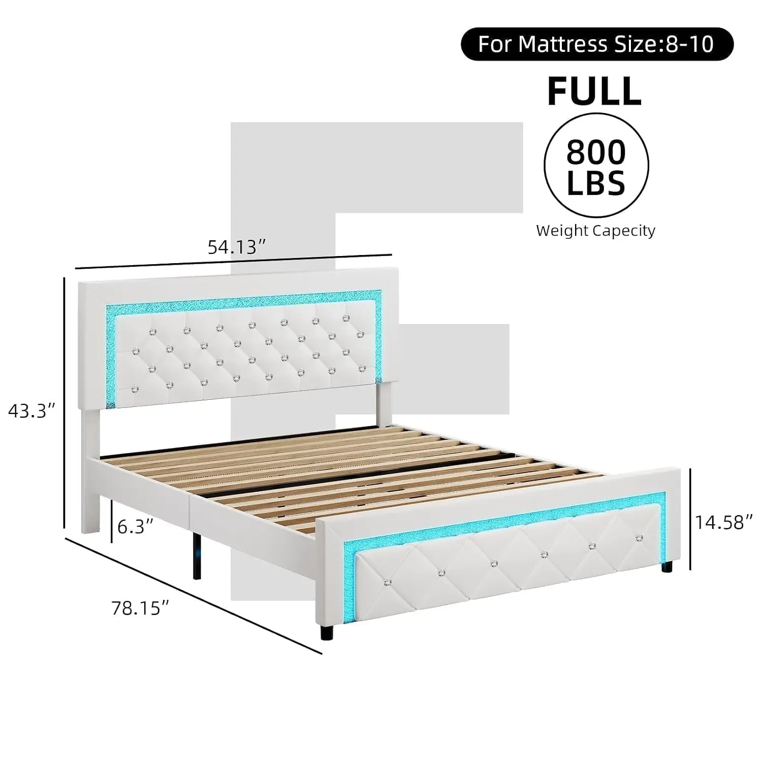 Diamond Tufted Upholstered Bed Frame with LED Lights & Wood Slats, No Box Spring Needed, White, Customized