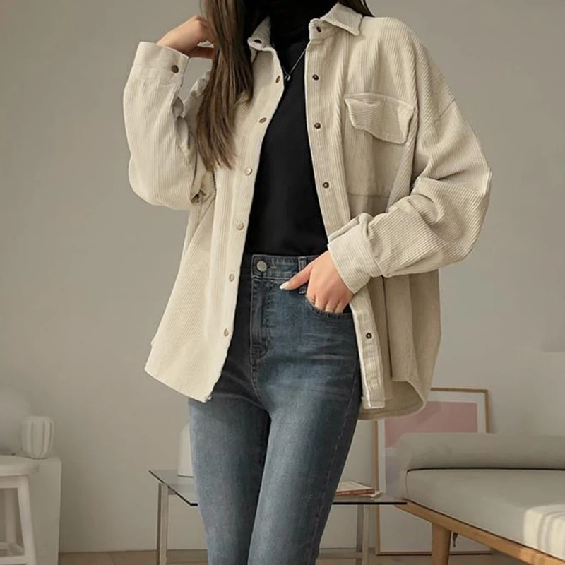 

Autumn Vintage Corduroy Shirt Women Bf Korean Loose Solid All Match Jackets Harajuku Single Breasted Double Pocket Casual Coats