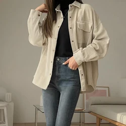 Autumn Vintage Corduroy Shirt Women Bf Korean Loose Solid All Match Jackets Harajuku Single Breasted Double Pocket Casual Coats