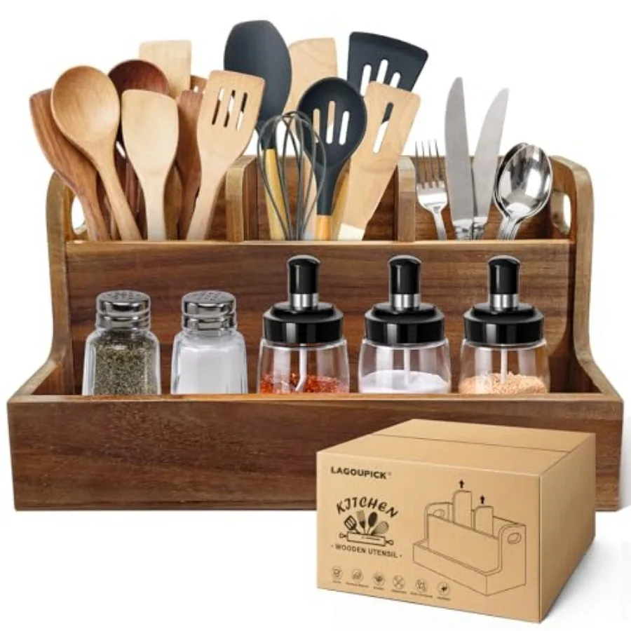 

Kitchen Utensil Holder for Countertop with 4 Compartments Acacia Large Utensil Holder Wooden Storage for Cooking, Baking, Flatw