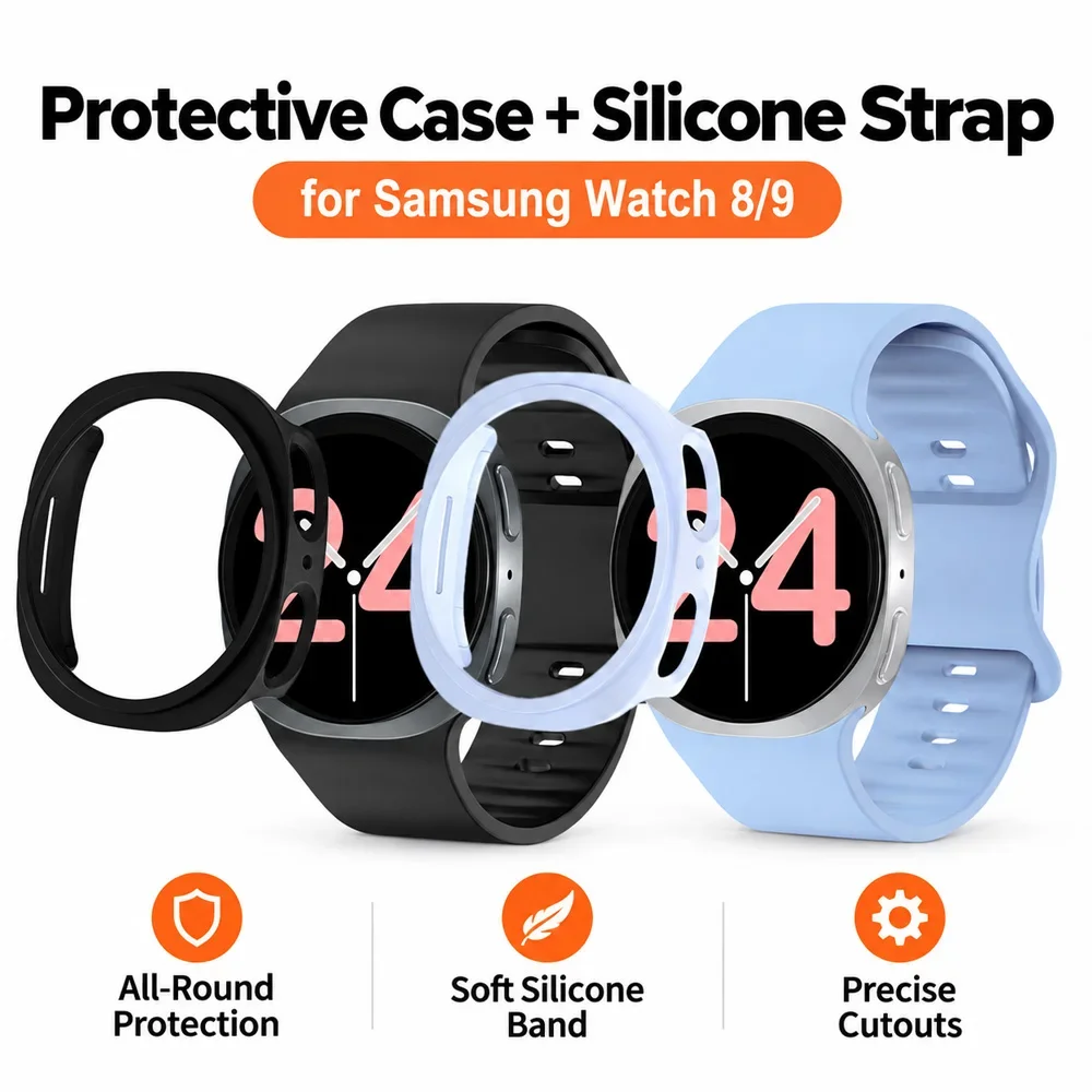 Silicone Strap+PC Case for Samsung Galaxy watch 9 8 44mm 40mm Glass Correa Bracelet Galaxy watch 9 8 Sport watch Accessor+