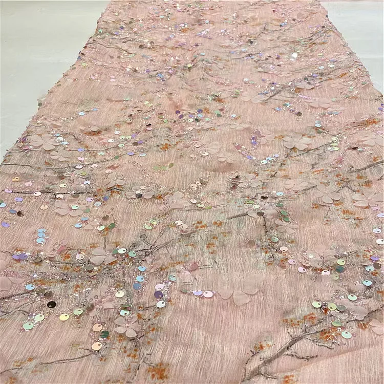 Pink,Spring New 3D Printed Chiffon Bottom Fabric Sequin Bead tube embroidery fabric, Ladies Dresses ,Party Fabric, Chinese style