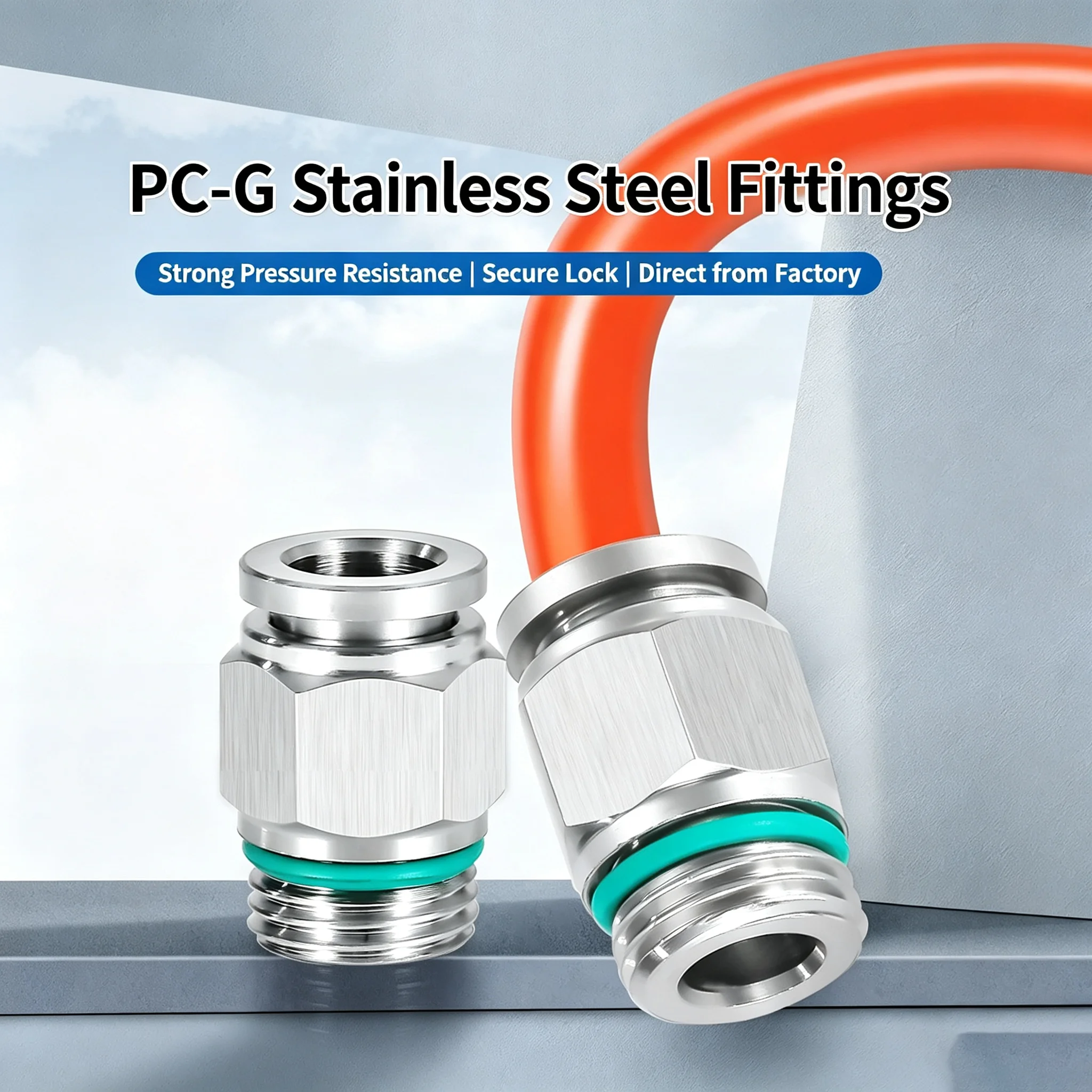 304 stainless steel pneumatic air tube quick connector, G‑thread straight‑through PC8‑02 push‑in fitting with sealing ring, hose