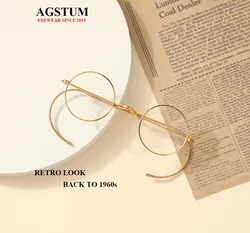 Agstum 39mm Small Round Vintage Wire Rim Glasses Optical Eyeglass Frame with Cable Temples for Secure Fit