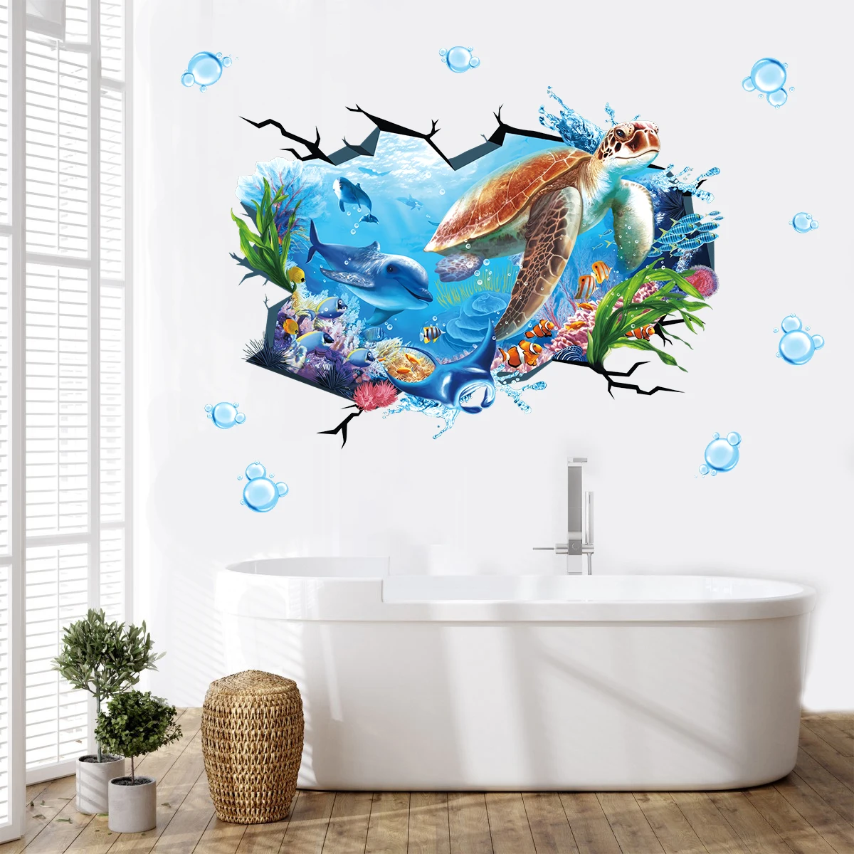 Large Sea Turtle Under The Sea Wall Stickers 3D Underwater Dolphin Tropical Fish Ocean Wall Decals for Bedroom Bathroom