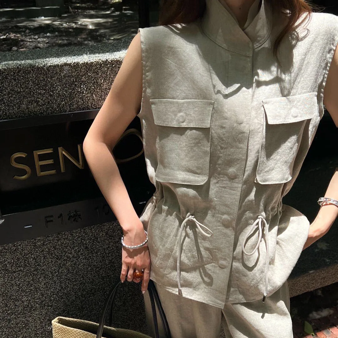 

100% Linen Casual Vest Coat Women Stand Collar Sleeveless Pockets Slim Wasit Drawstring Vintage Tank Jacket