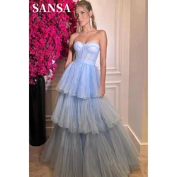 Sansa Light Blue Prom Dress Pleated A-line Vestidos De Noche Elegant Sleeveless Backless Floor-Length Formal Evening 2024