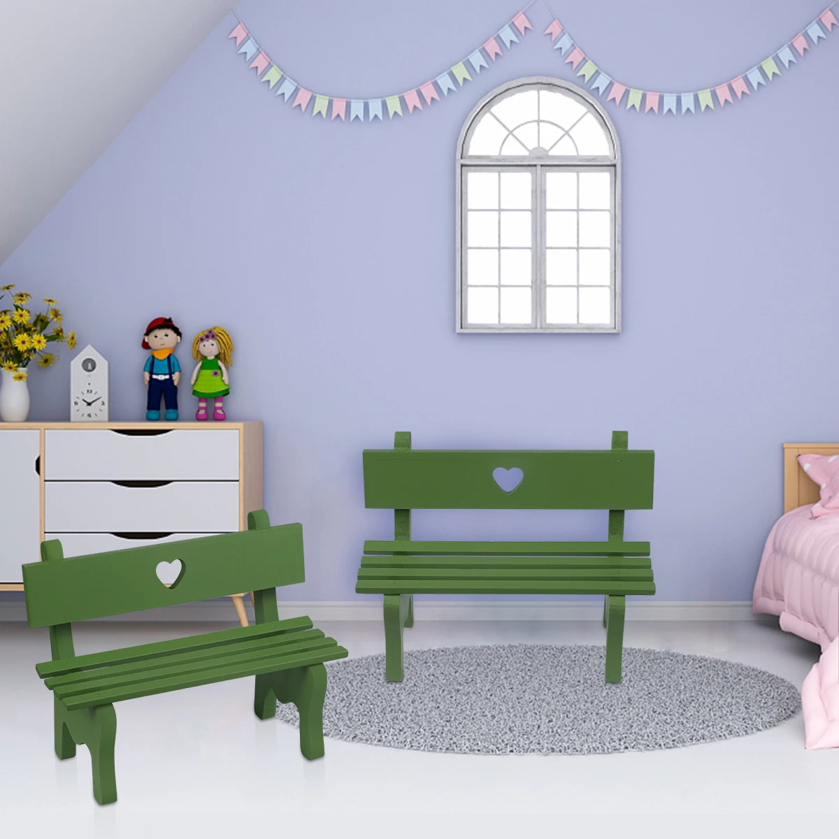 

Miniature Wooden Bench Chairs Green Decorative Garden Ornaments Dollhouse Furniture Porch Mini Landscape Heart Home