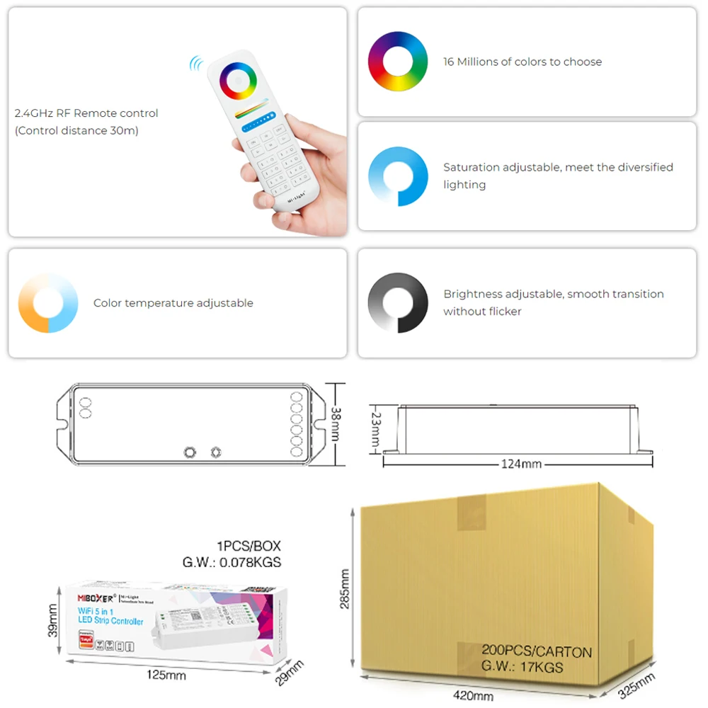 Miboxer WL5 2.4G 5IN1 WiFi LED Controller APP/TUYA /Third Party Voice Control For Single/Dual color RGB RGBW RGB+CCT Led Strip