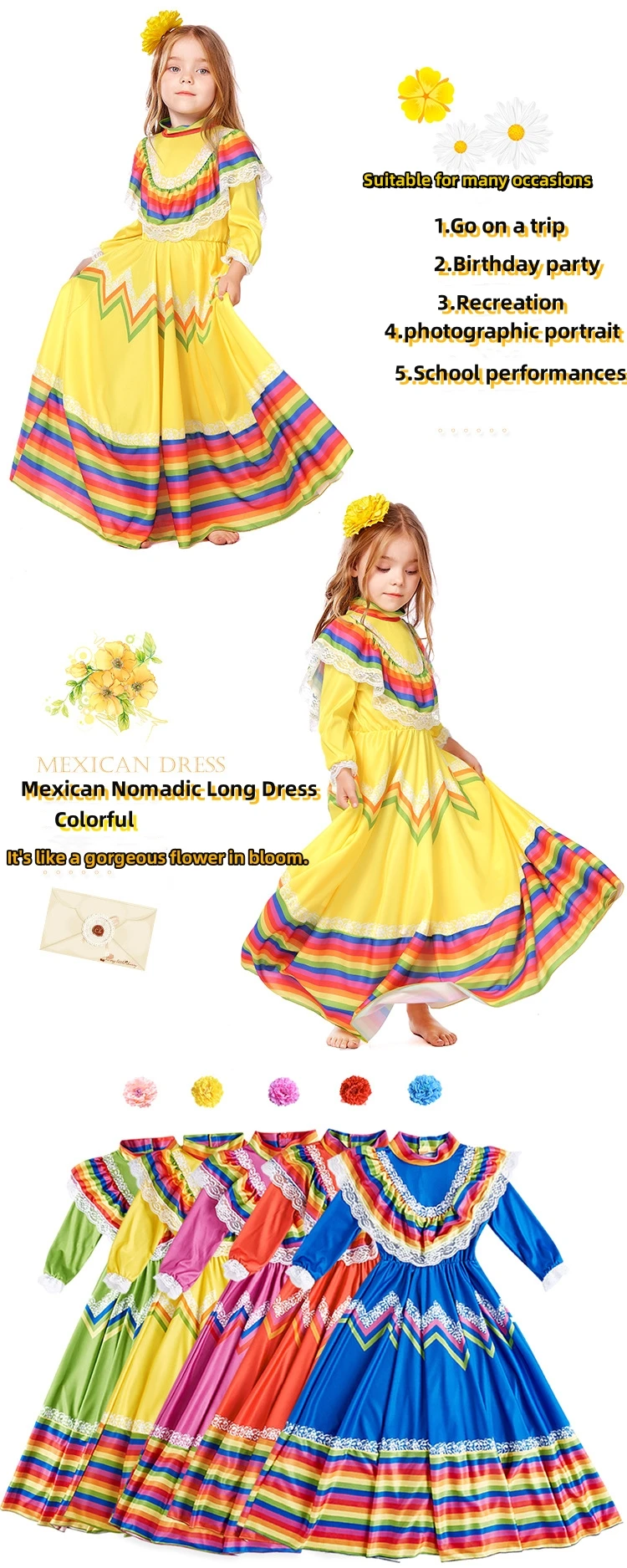 IOOTIANY Traditionelles mexikanisches Volkstanzkostüm für Kinder, Cosplay im mexikanischen Stil, langes Bühnenkostüm 2026 – Detail 3